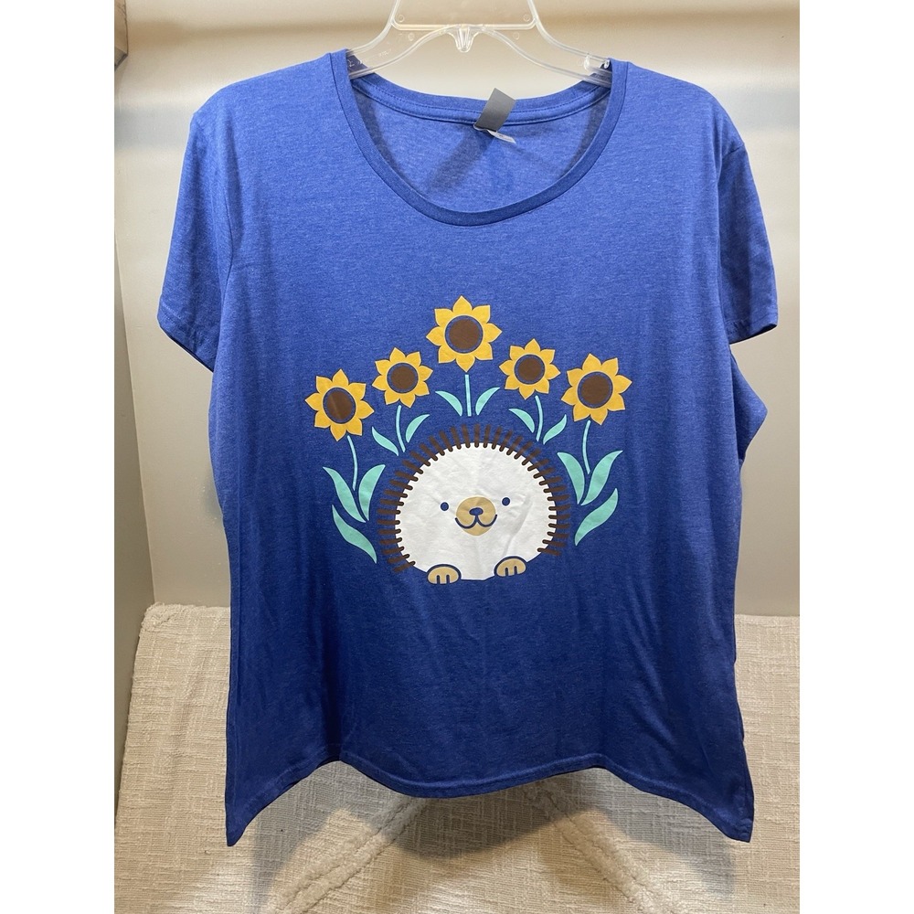 Instant Message Blue Porcupine Floral Sunflower T-Shirt Short Sleeve Crew Sz XL